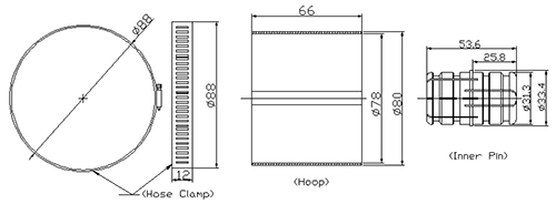 Slip Coupling for 3-1/8″ rigid transmission line or unflanged connectors, incl. 2 x worm-drive clamps & 1 bullet – nickel & silver plated